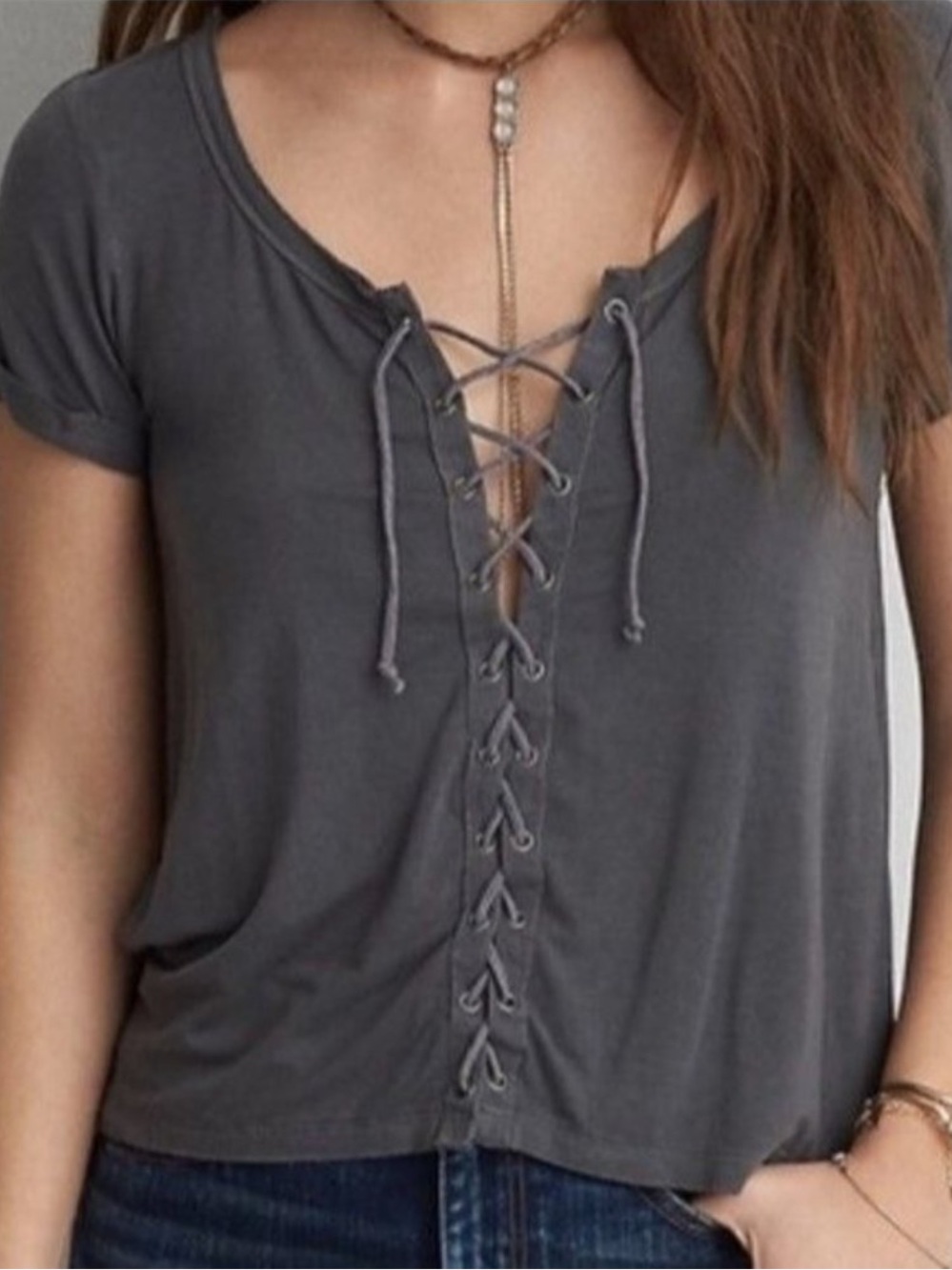 American Eagle soft & sexy gray lace up t shirt size small